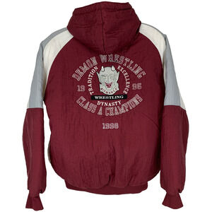 Vintage 90s Demon Wrestling Puffy Jacket Hooded Bismarck High School Red L Large